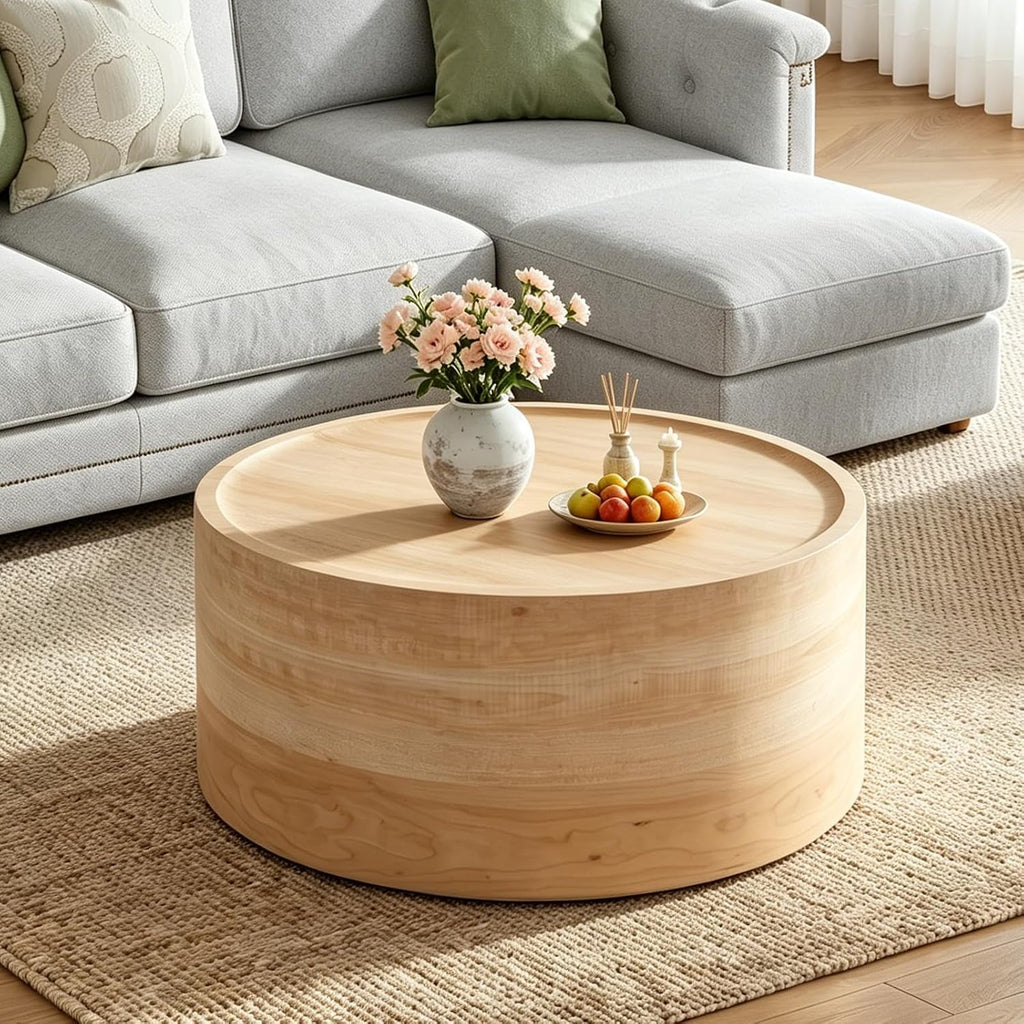 Modern Drum Coffee Table Natural Wood Color Coffee Tables Round Center Table for Living Room Home Office,31.5'- Fully Assembled