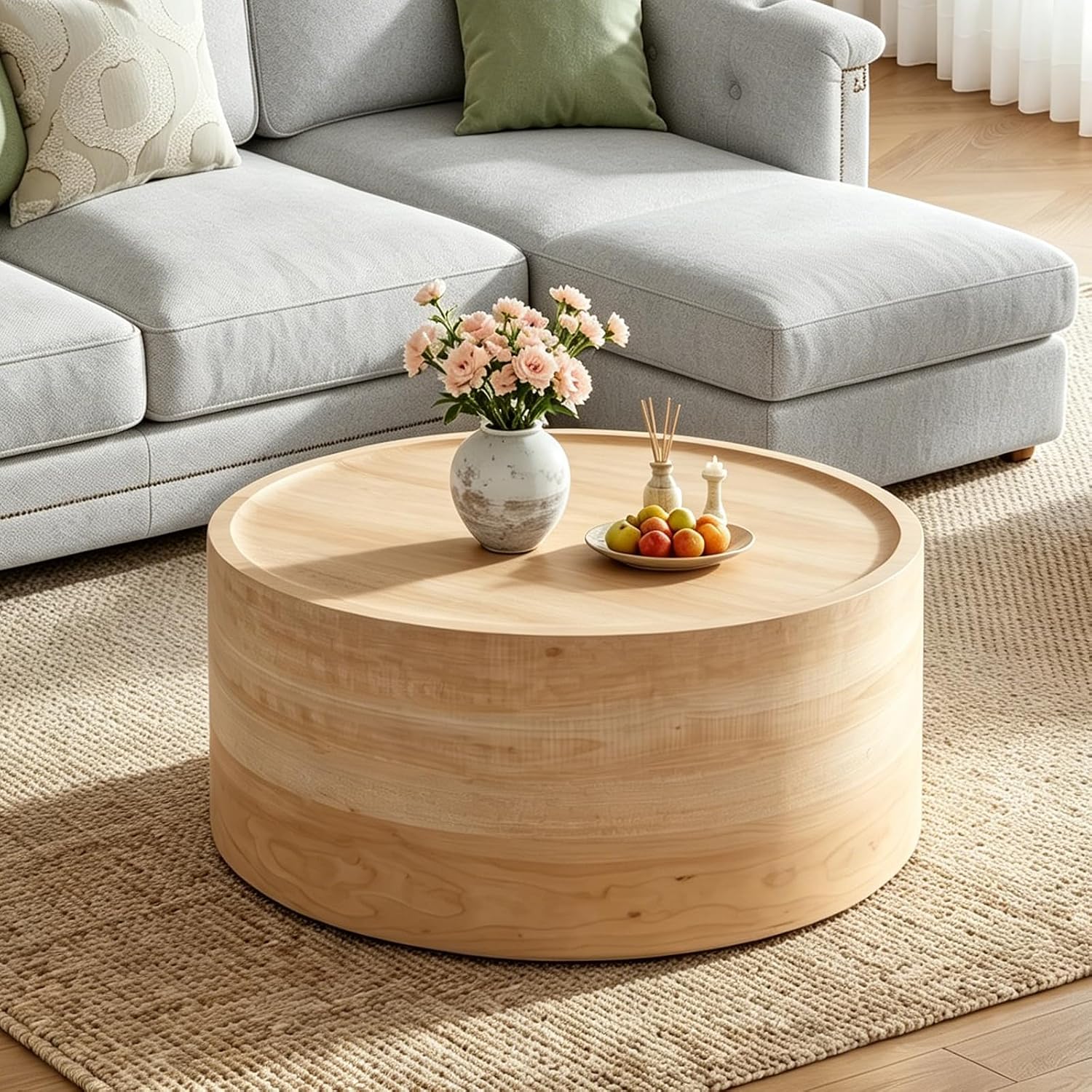Modern Drum Coffee Table Natural Wood Color Coffee Tables Round Center Table for Living Room Home Office,31.5'- Fully Assembled