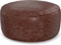 SIMPLIHOME Connor Coffee Table Pouf - 34 inch Wide Round Upholstered Genuine Leather Ottoman in Distressed Brown, Boho-Style Footrest, Extra Seating, or Coffee Table for Living Room, Assembled