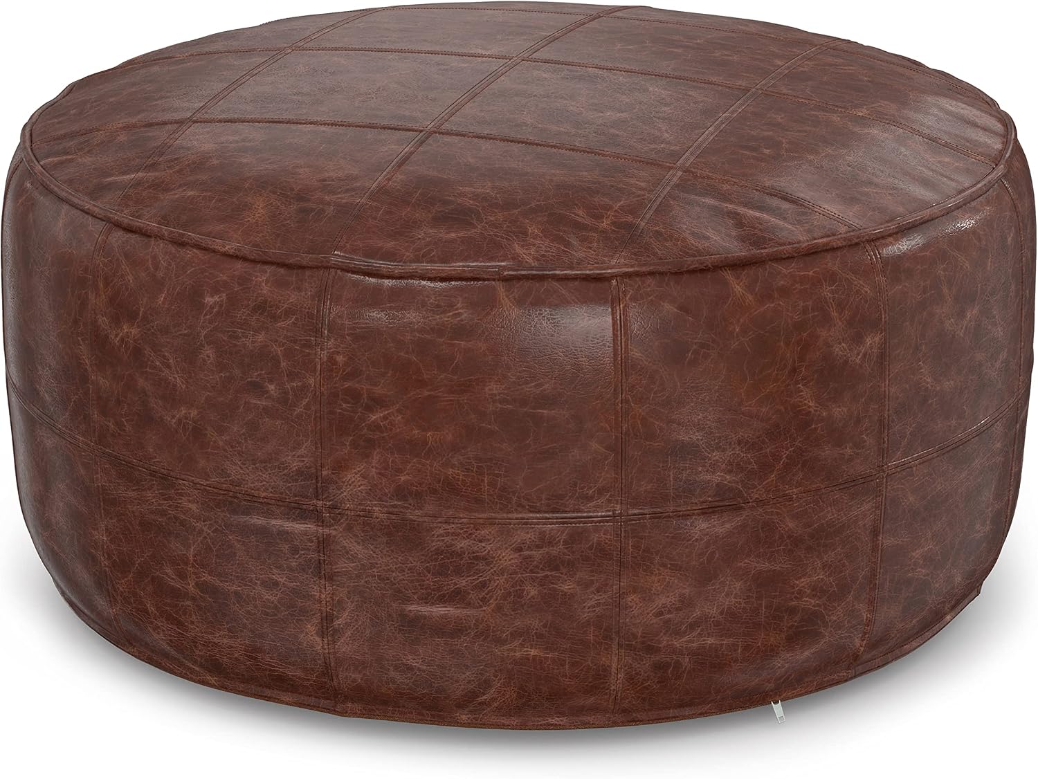 SIMPLIHOME Connor Coffee Table Pouf - 34 inch Wide Round Upholstered Genuine Leather Ottoman in Distressed Brown, Boho-Style Footrest, Extra Seating, or Coffee Table for Living Room, Assembled