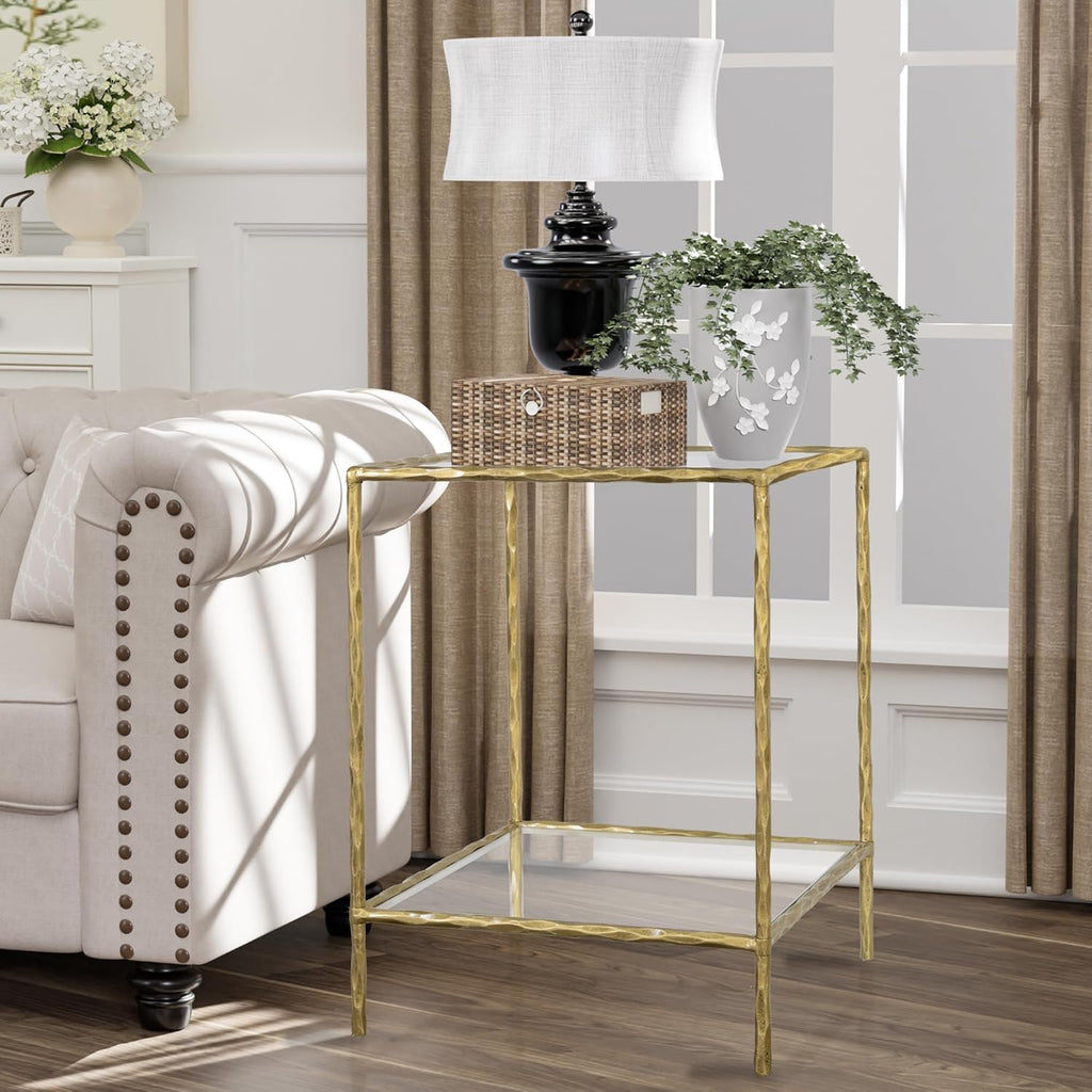 BEGINS Hand Forged Side Table 2 Tier, Vintage End Table Glass Top Coffee Table, Accent Table with Solid Hammered Frame, Suitable for Living Room, Bedroom, Study Room, Entryway (Gold, Square)
