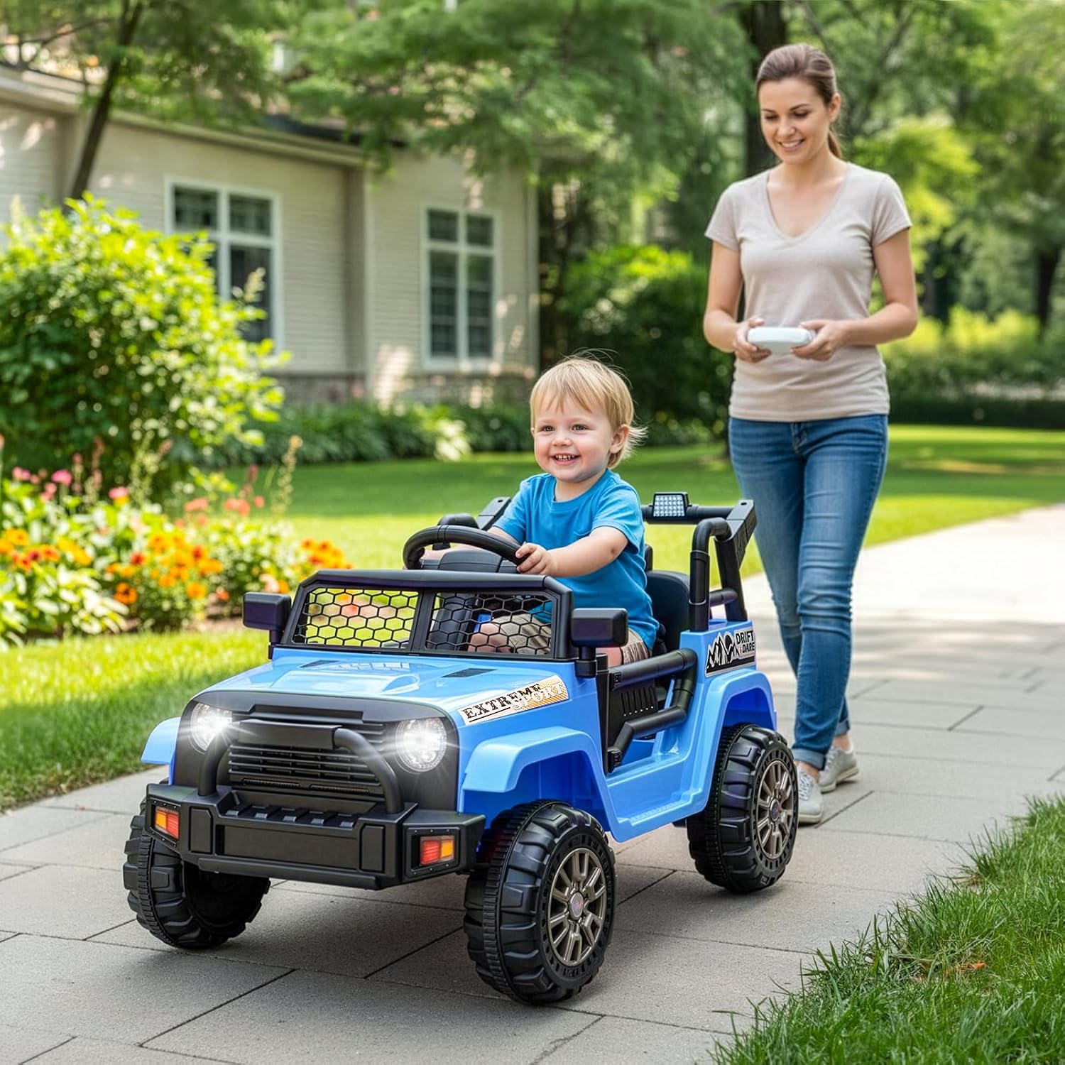 Winado 12V Electric Car for Kids, Ride on Truck for Toddlers with Remote Control, Battery Powered Kids Electric Vehicle to Drive w/Bluetooth, Soft Start, LED Lights - Blue