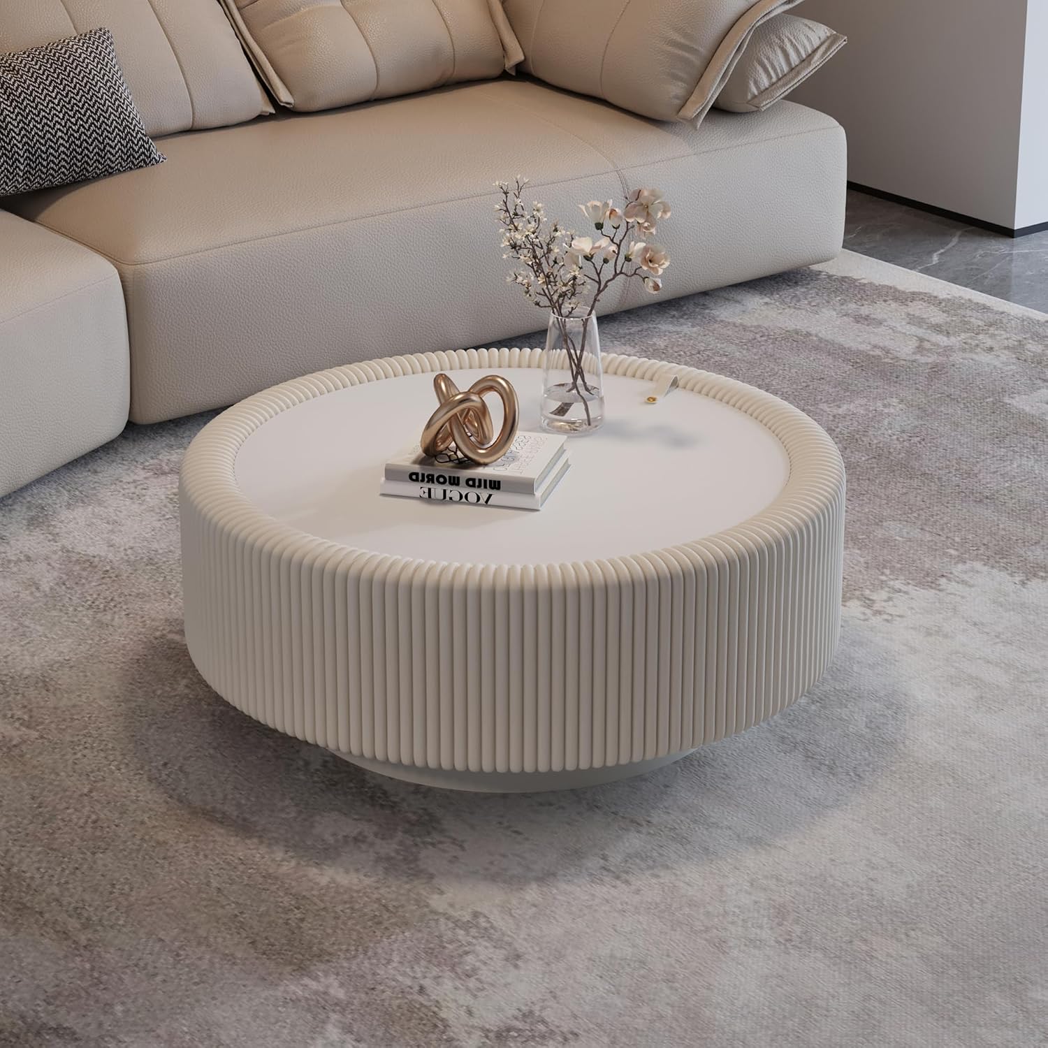 White Round Fluted Coffee Table with Hidden Storage, 31.5' Drum Coffee Table with Tempered Glass Top, PU Leather Body, Baked Enamel Metal Base, Modern Minimalist Circle Tea Table