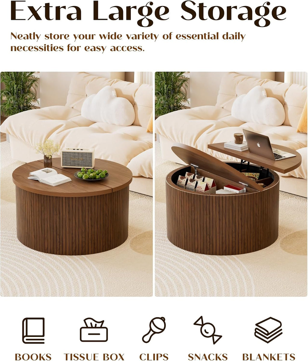 Fluted Round Lift Top Coffee Table with Storage, 31.5' Walnut Small Circle Wood Center Table for Living Room, Small Space