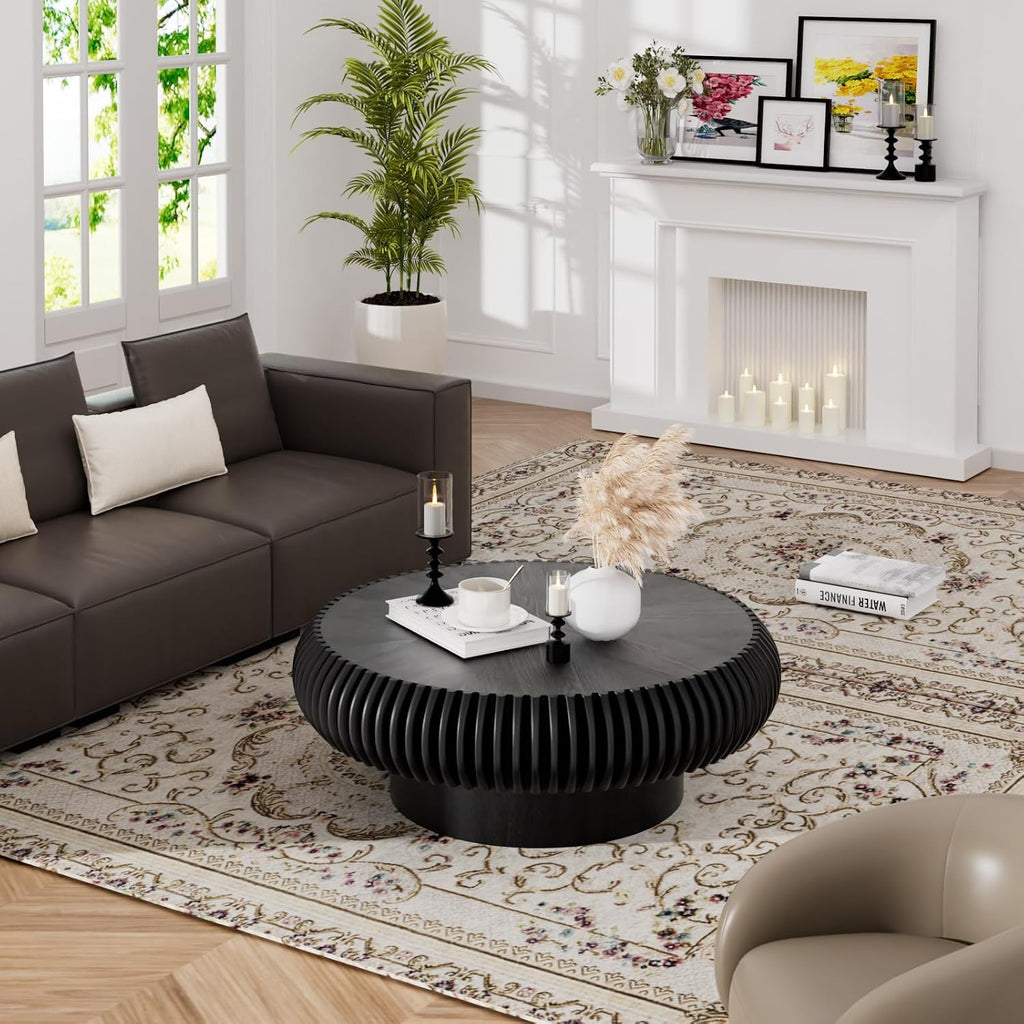 Round Drum Coffee Table Modern Coffee Tables Fluted Coffee Table Circle Center Table Pedestal End Table for Living Room Bedroom (Black 31.5in)