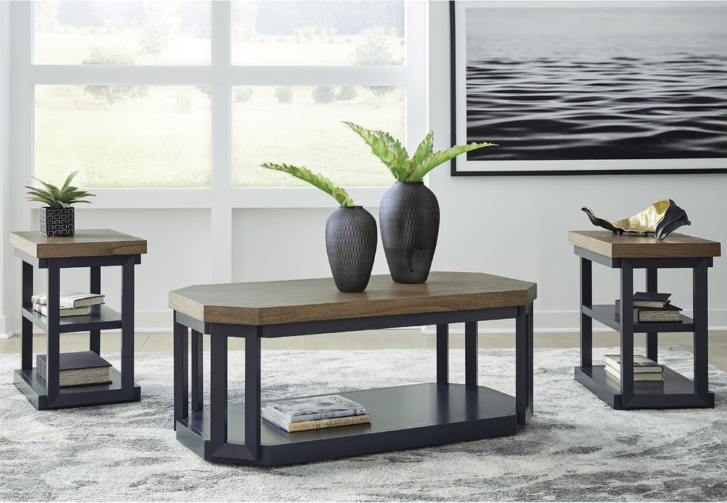 Signature Design by Ashley Landocken Contemporary Occasional Table Set with Open Shelves and Casters, Set of 3, Light Brown & Blue