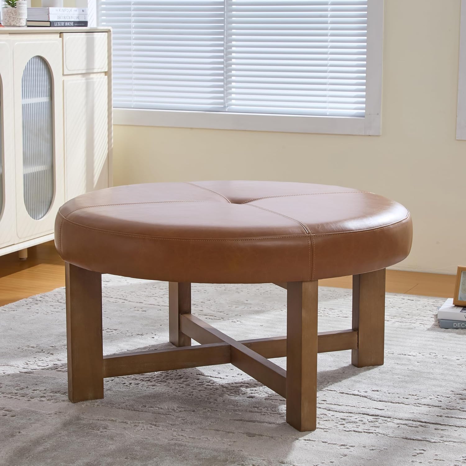 Christopher Knight Home Ladin Modern Round Ottoman Coffee Table, Faux Leather Cocktail Ottoman for Living Room Sofa, Entryway Comfortable Footstool, Wooden Ottoman Foot Rest, Light Brown+Walnut