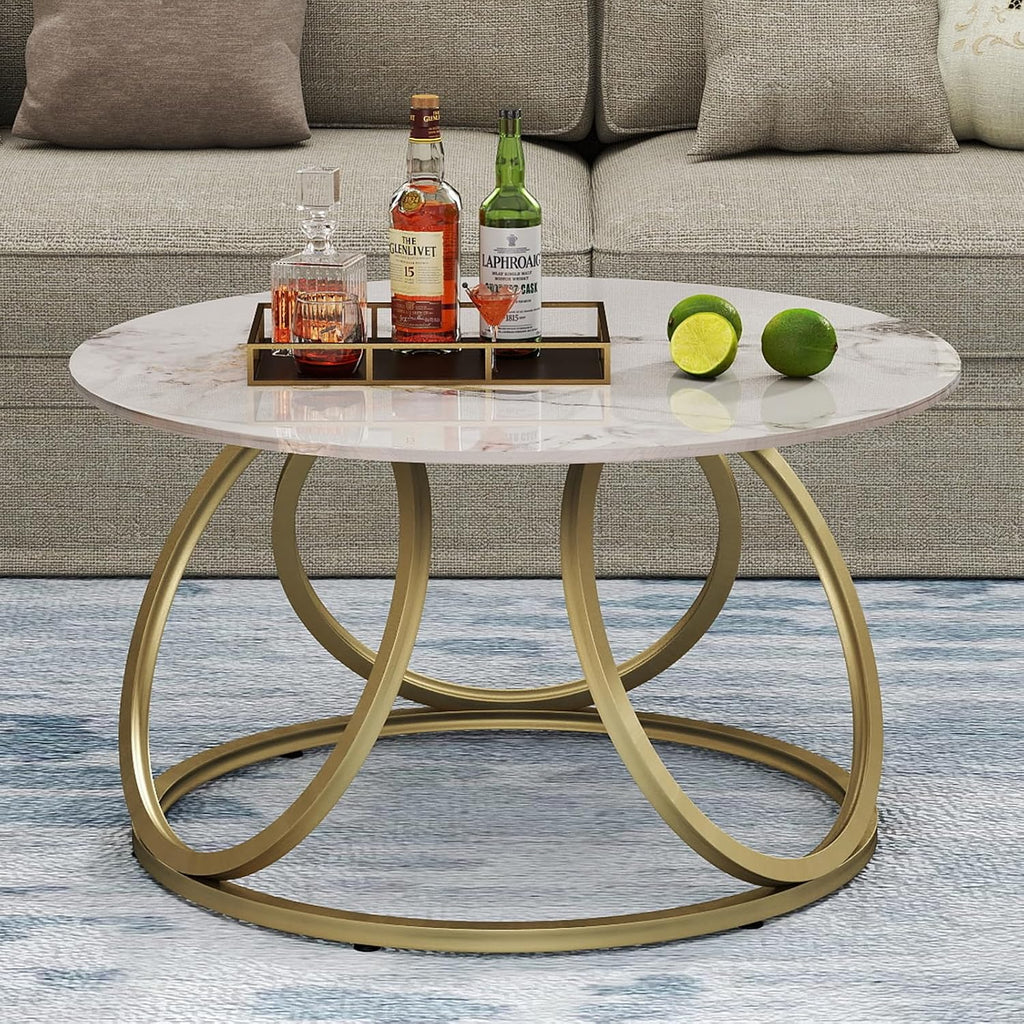 OIOG Round Gold Coffee Table, Modern Coffee Table with Natural Sintered Stone, Marble Look Center Table for Living Room