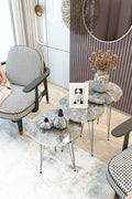 Set of 3 High Gloss Gray Marble Silver Legs Nesting End Tables Round Wood Stacking Coffee Side Accent Table with Metal Legs for Living Room, Home Office, Nightstands for Bedroom