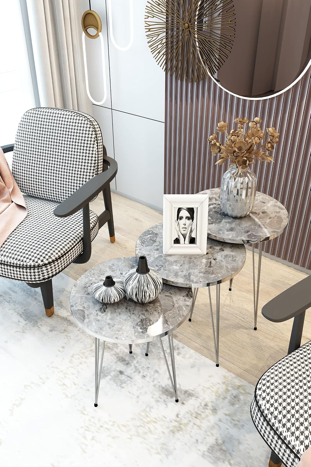 Set of 3 High Gloss Gray Marble Silver Legs Nesting End Tables Round Wood Stacking Coffee Side Accent Table with Metal Legs for Living Room, Home Office, Nightstands for Bedroom