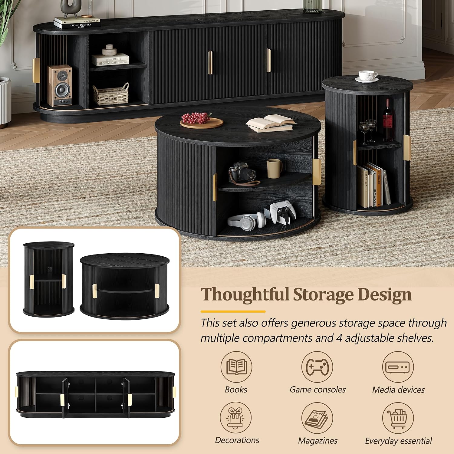 LUMISOL TV Stand and Coffee Table Set of 3, Fluted Entertainment Center with Sliding Doors and Cable Hole for TVs up to 75', Farmhouse Round Center Table for Living Room, Black