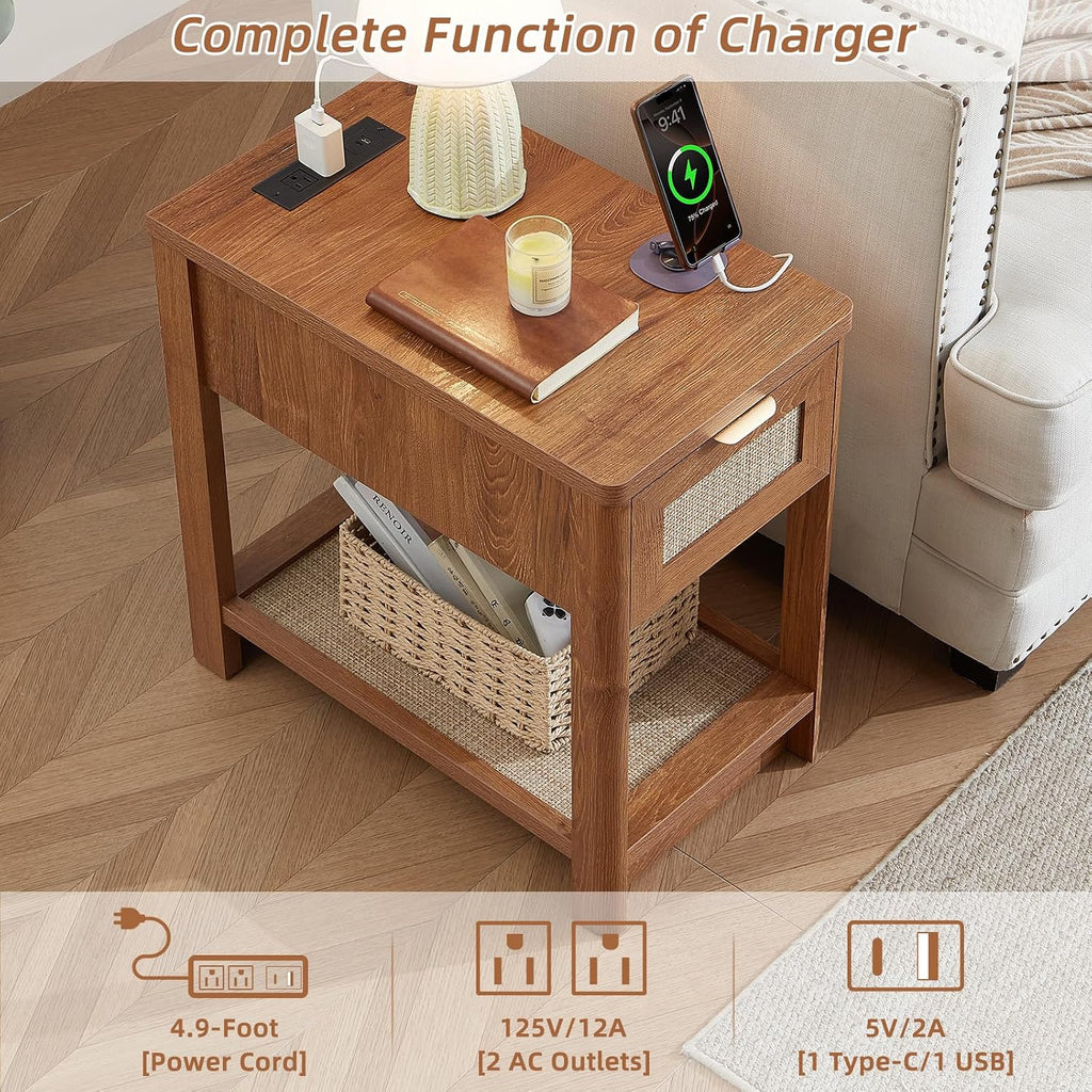 Lerliuo Boho Coffee Table Set of 3, Rattan Coffee and End Table Sets with Charging Station, Living Room Table Set with Open Shelf for Living Room, Tea Brown