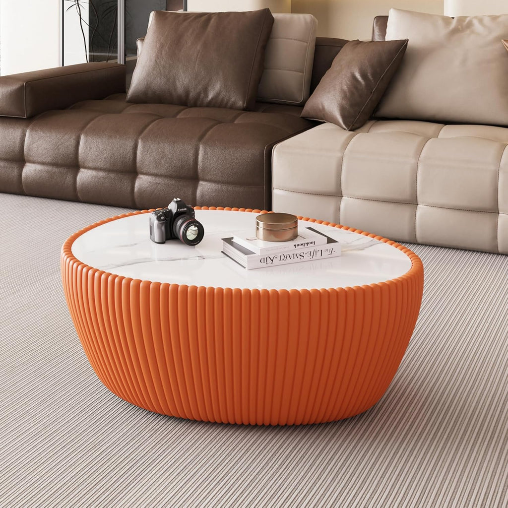 32'' Goose Egg Shaped Coffee Table, White Sintered Stone Top with Unique Pattern & Leather Wrapped, Modern Side Sofa Table, No Assembly (Orange)