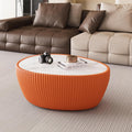 32'' Goose Egg Shaped Coffee Table, White Sintered Stone Top with Unique Pattern & Leather Wrapped, Modern Side Sofa Table, No Assembly (Orange)
