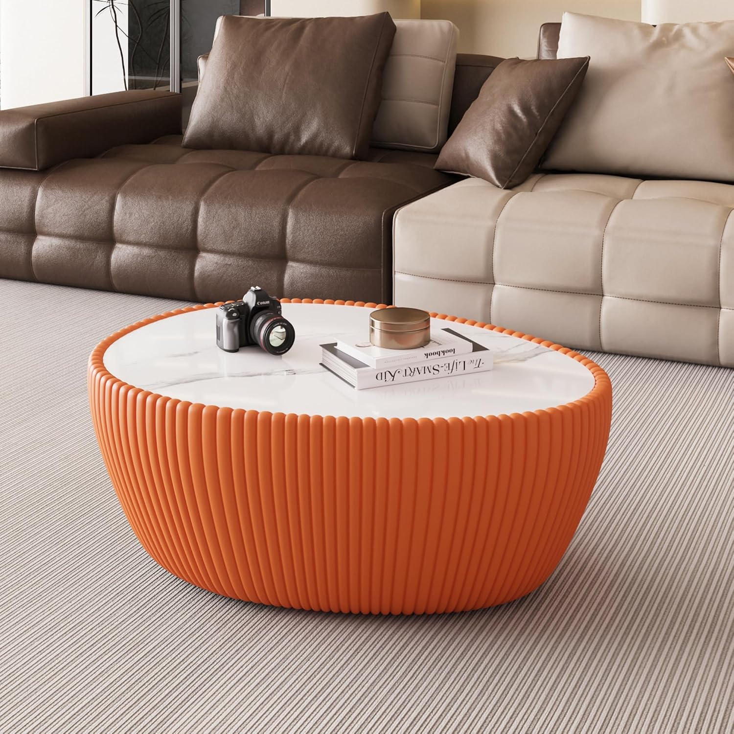 32'' Goose Egg Shaped Coffee Table, White Sintered Stone Top with Unique Pattern & Leather Wrapped, Modern Side Sofa Table, No Assembly (Orange)