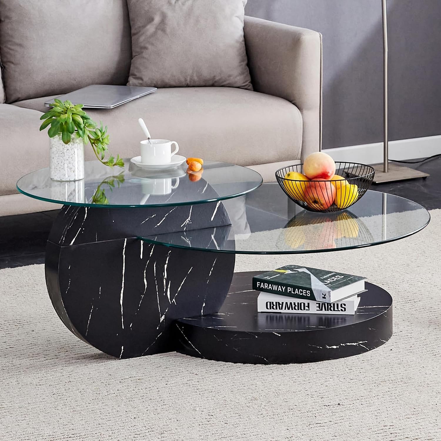 Glass Coffee Table, Modern Round Clear Coffee Tables for Living Room, 3-Tier Circle Tempered Coffee Table with Storage Wooden Side Table for Home Bedroom Balcony Yard (Black, Small)