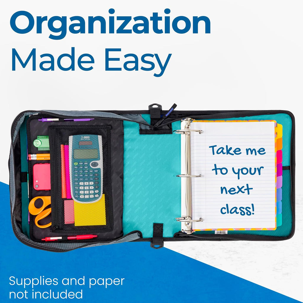 Case-it Mighty Zip Tab School Zipper Binder | 3-Inch O-Rings, 600-Sheet Capacity, 5-Subject Expanding File Folder, Multiple Pockets & Storage Organizer, Shoulder Strap | D-146 Spearmint | 6 Pack