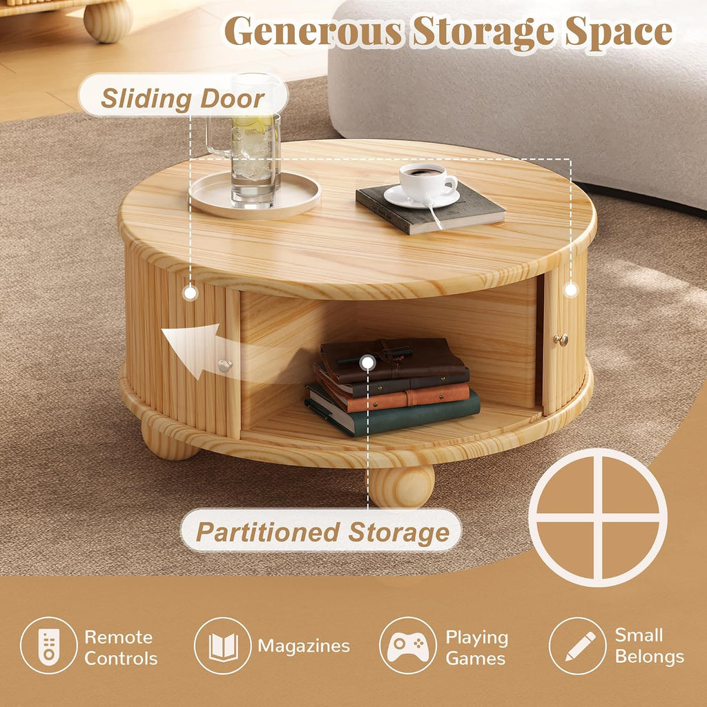 31.8'' Round Coffee Table with Storage Space for Living Room, Modern Fluted Wood Circle Coffee Table, Smooth Sliding Door, Natural