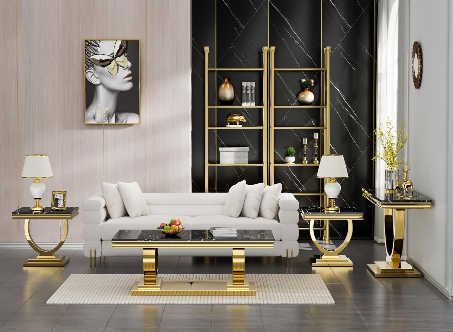 Henf 4 Piece Modern Living Room Table Set, Black & Gold Faux Marble Coffee Table & Console Table & 2 End Tables, Luxury Stainless Steel Base