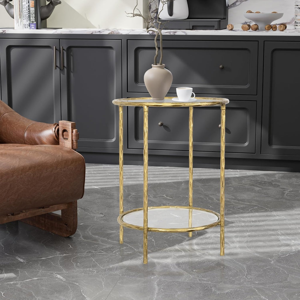 BEGINS Hand Forged Side Table 2 Tier, Vintage End Table Glass Top Coffee Table, Accent Table with Solid Hammered Frame, Suitable for Living Room, Bedroom, Study Room, Entryway (Gold, Circle)