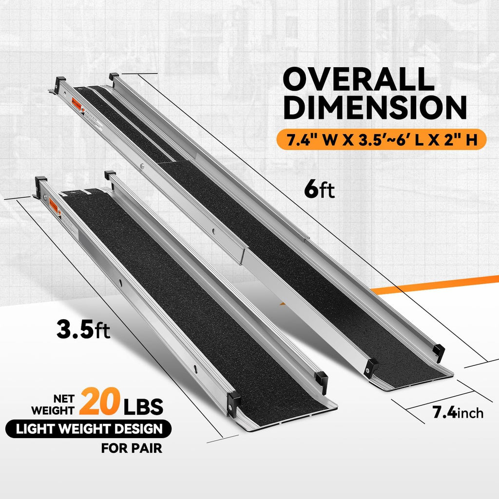 Auto Dynasty 6FT Adjustable Wheelchair Ramp, Portable Telescoping Folding Aluminum Wheel Chair Threshold Ramps for Home Steps Doorways, 72' L x 7.4' W, 1200Lbs Capacity (2 Pack)