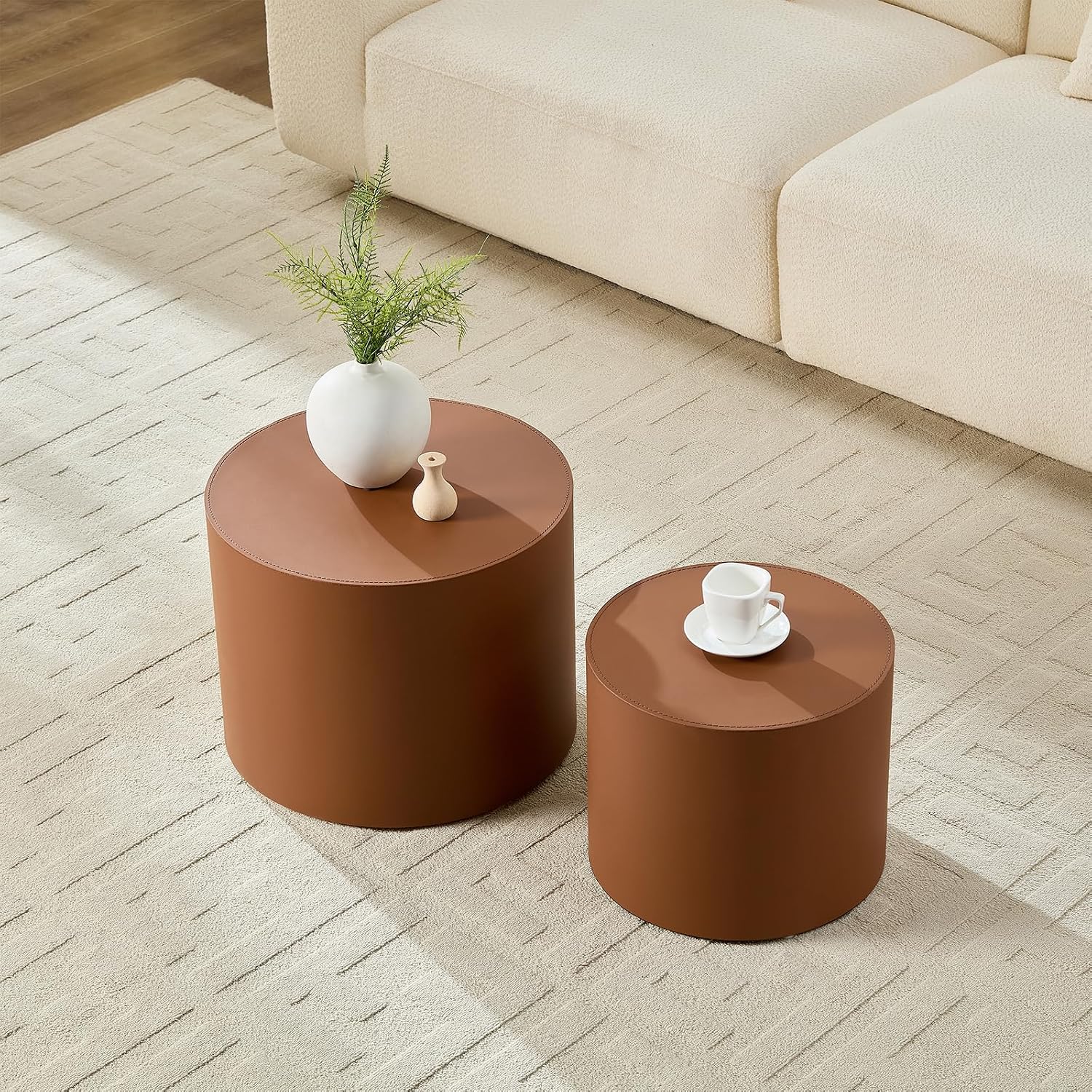 Round Coffee Table Set of 2, Modern Leather Circle Accent Tables, Minimalist MDF Coffee Table Sets for Living Room, Bedroom, Office & Balcony(Brown)
