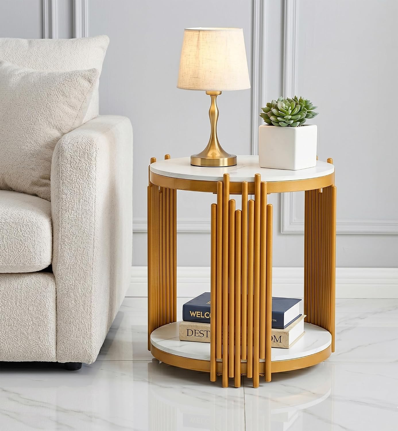 Round Marble Side Table Set of 2 Luxury 2-Tier End Table with Gold Metal Frame Modern Living Room Table Elegant White Nightstand Sofa Side Table with Storage Shelves