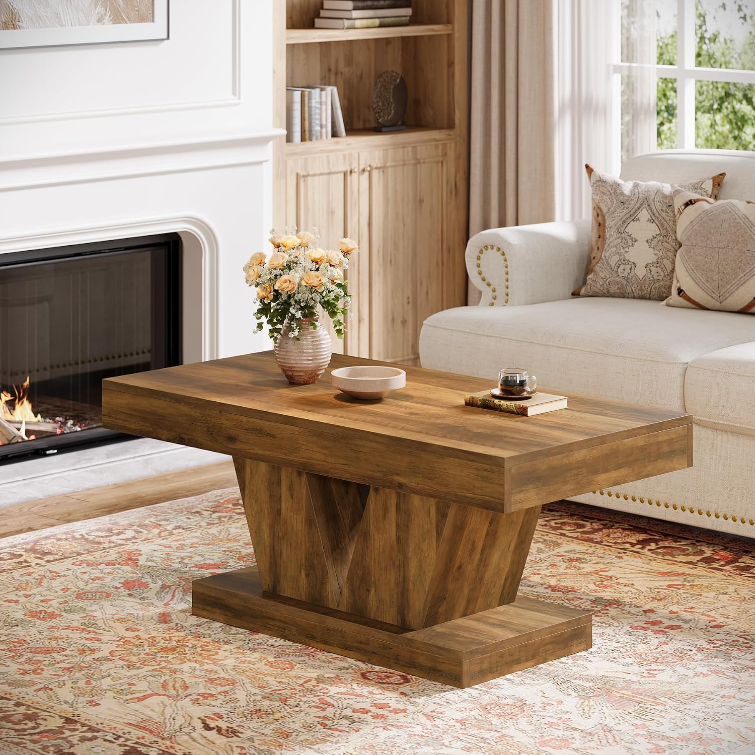 Tribesigns Farmhouse Rectangular Coffee Table, 47.2' Mid-Century Wooden Center Table with Thick Sculptural Base, Modern Rustic Accent Furniture for Living Room, Rustic Brown