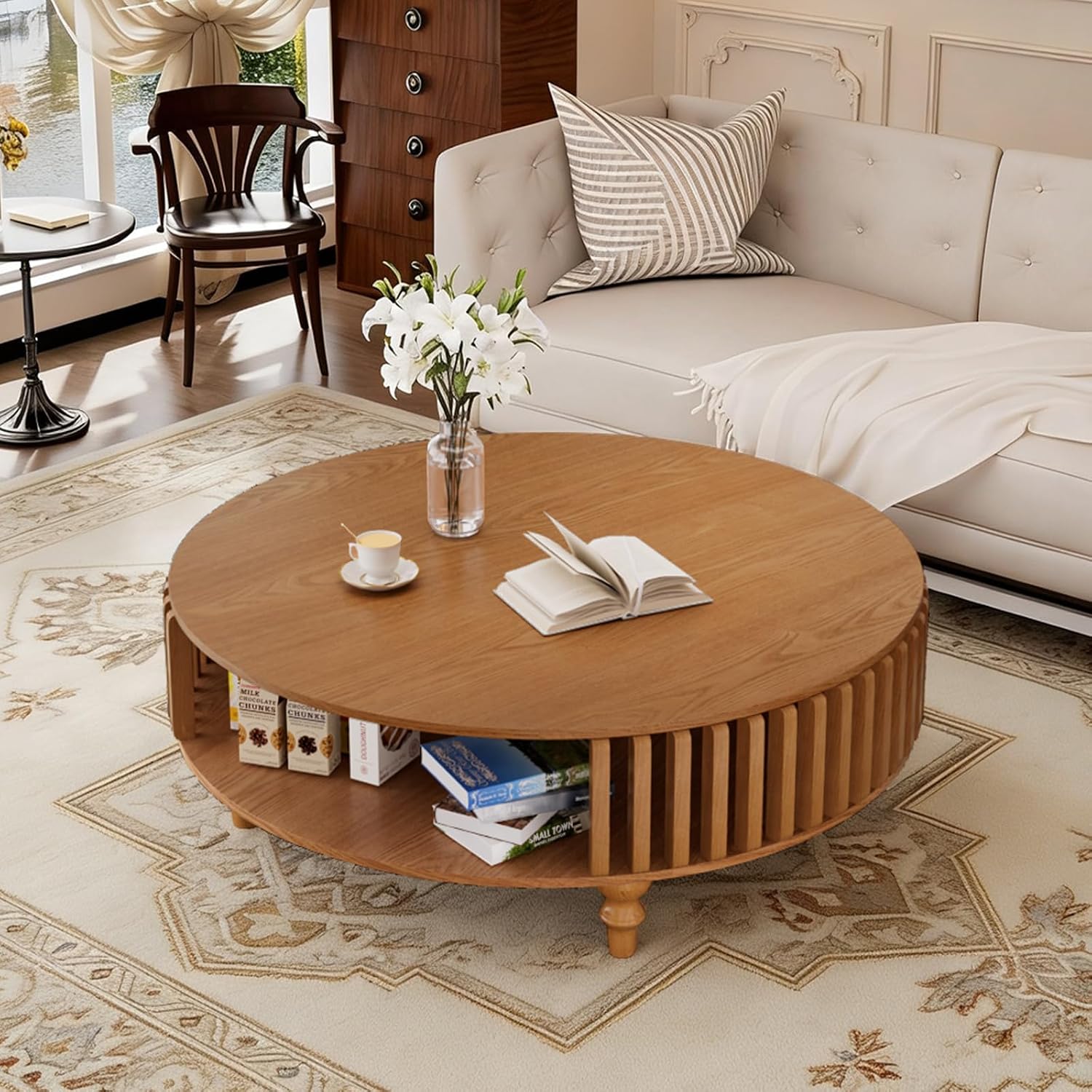 2-Tier Round Coffee Table 39.4' Round Coffee Table with Storage Mid-Century Modern Circle Accent Center Table Farmhouse Low Cocktail Tea Furniture for Living Room Small Spaces (39.4' Round)