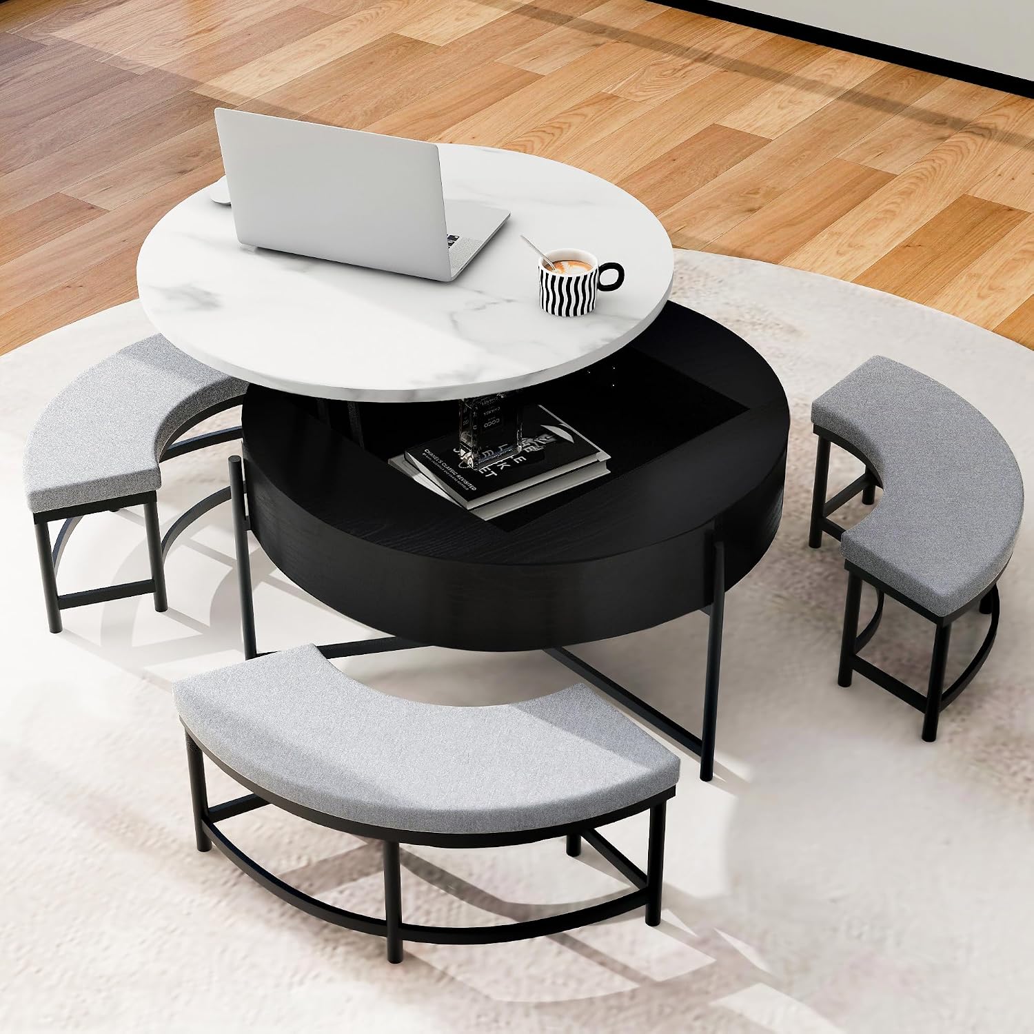 31.5' Modern Round Lift-Top Coffee Table with Storage & 3 Ottoman,White & Black