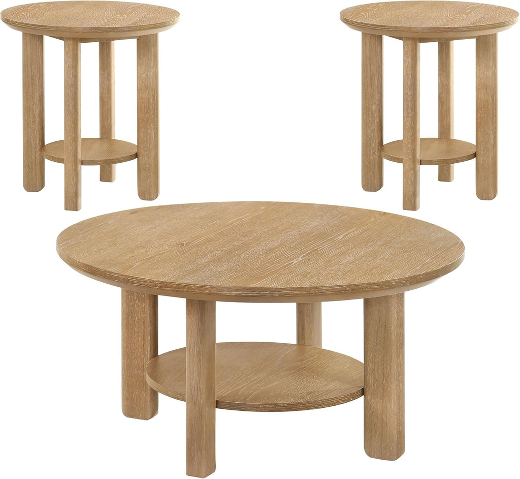 Coaster Home Furnishings - Ottowa - Wood - 3-Piece Coffee Table Set with Rounded Shapes, Thick Cylindrical Legs, Open Shelves and Transitional Style - Living Room - Light Oak - 706298-S3