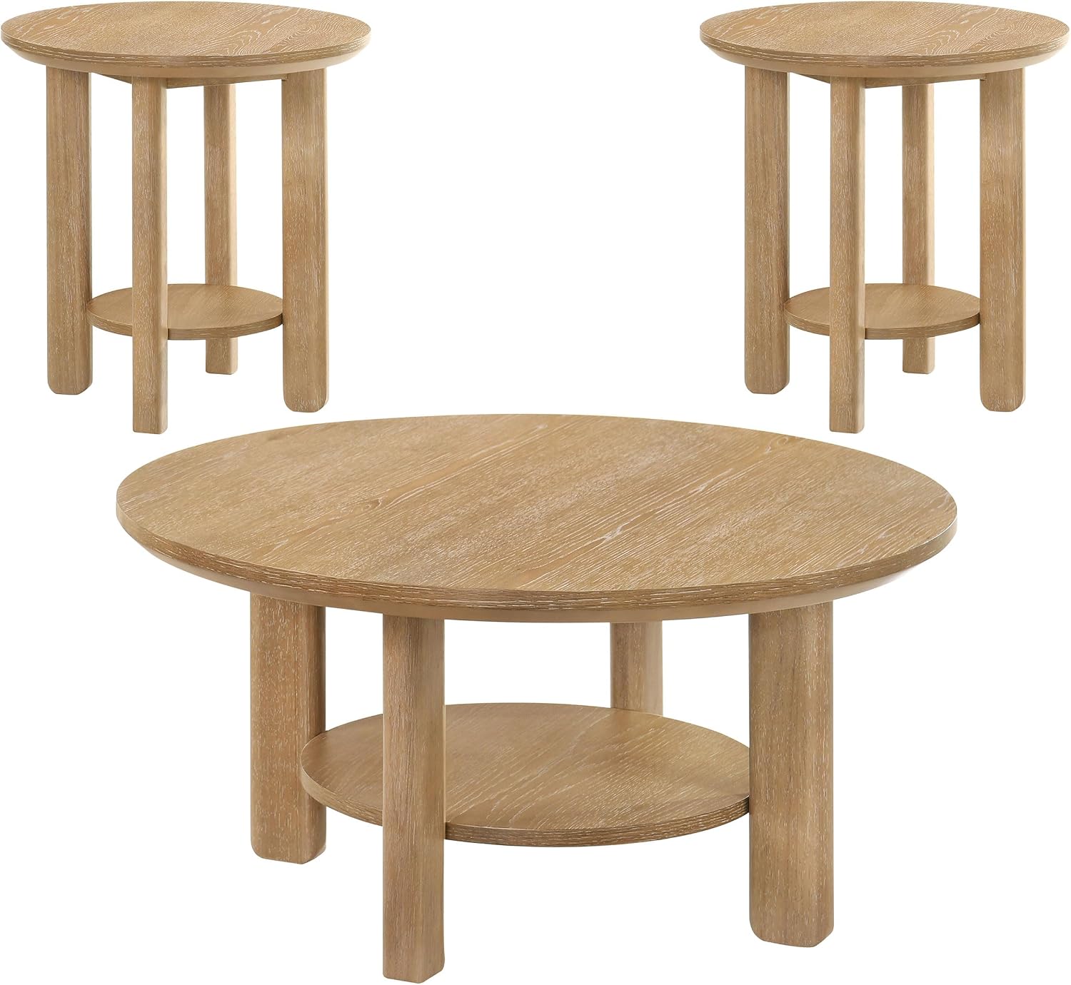 Coaster Home Furnishings - Ottowa - Wood - 3-Piece Coffee Table Set with Rounded Shapes, Thick Cylindrical Legs, Open Shelves and Transitional Style - Living Room - Light Oak - 706298-S3