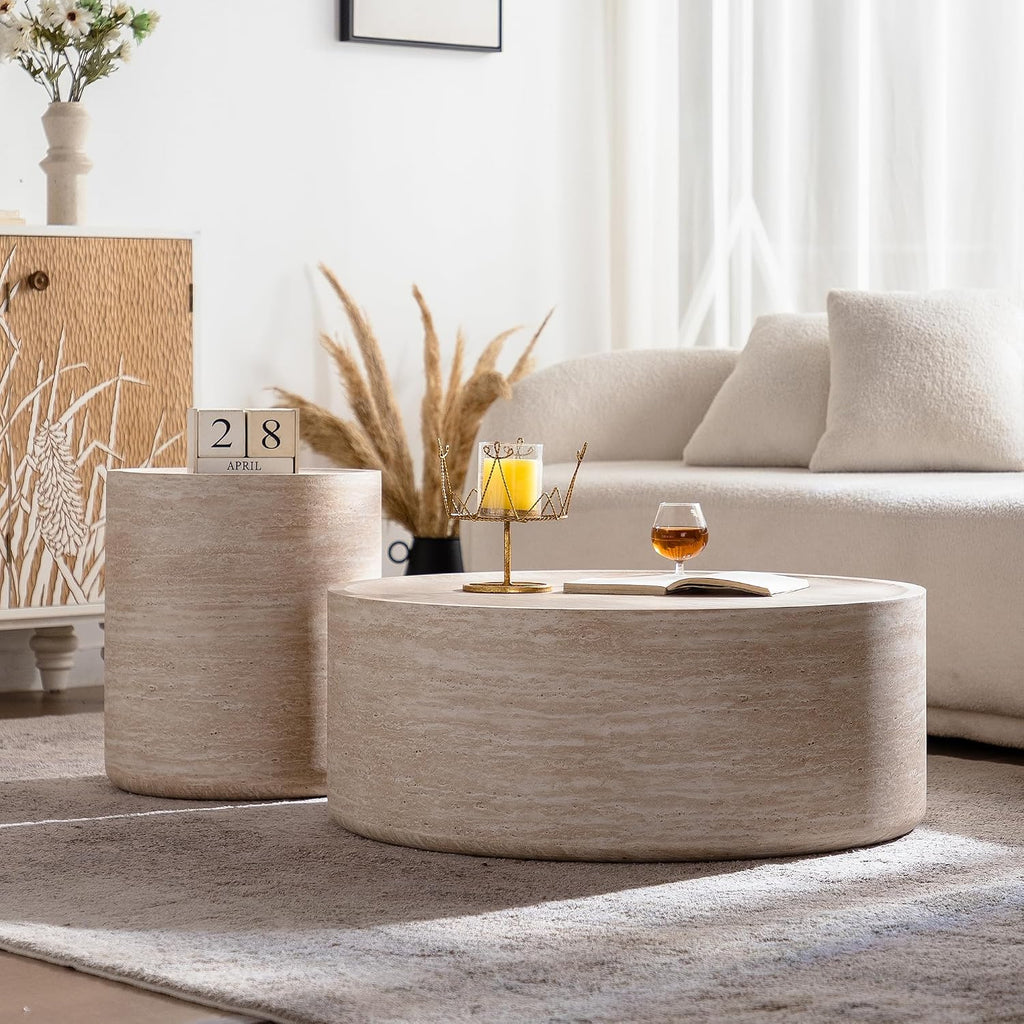 Faux Travertine Coffee Table for Living Room Modern Wood Drum Coffee Tables 39.37' Fully Assembled Round Center Table for Living Room Home Office