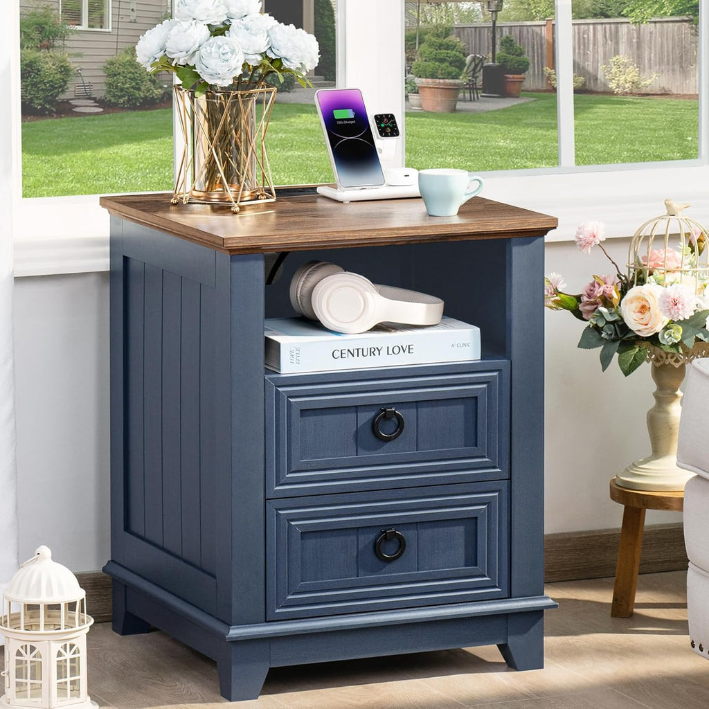 Farmhouse Coffee Table Set of 3, Furniture Set with Charging Station, Coffee Table with Hidden Storage Organizer and Nightsand 3-piece set, Country Center Table Set for Living Room,Office, Home, Blue