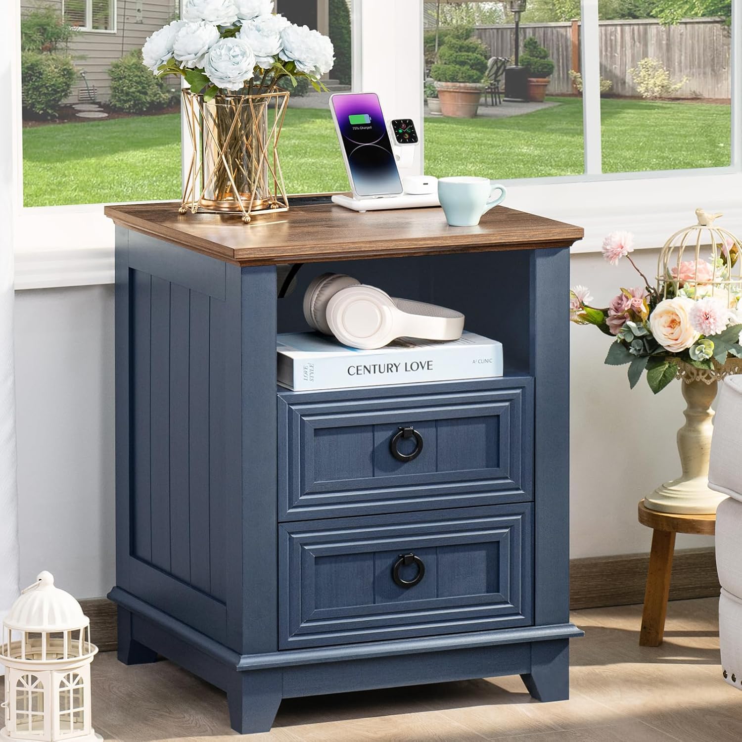 Farmhouse Coffee Table Set of 3, Furniture Set with Charging Station, Coffee Table with Hidden Storage Organizer and Nightsand 3-piece set, Country Center Table Set for Living Room,Office, Home, Blue