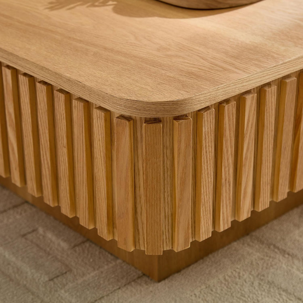 WILLIAMSPACE 35.43' Lift Top Coffee Table with Hidden Storage & Sturdy Base, Modern Luxury Square Wood Handcraft Drum Center Table Accent End Tea Table for Living Room, Minimalist Fluted Design, Oak