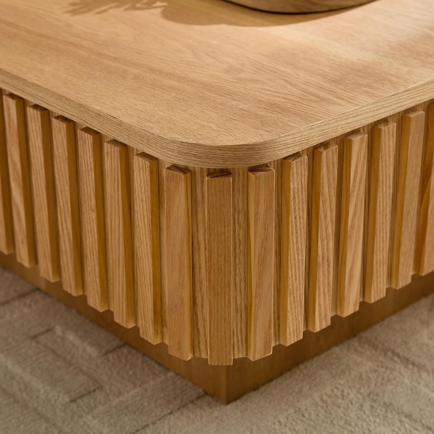 WILLIAMSPACE 35.43' Lift Top Coffee Table with Hidden Storage & Sturdy Base, Modern Luxury Square Wood Handcraft Drum Center Table Accent End Tea Table for Living Room, Minimalist Fluted Design, Oak