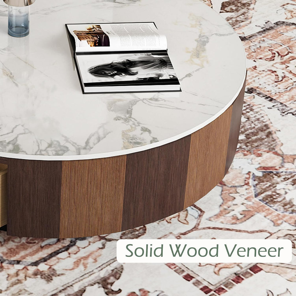 35.43' Modern Coffee Table for Living Room, Round Coffee Table with Storage Drawer, Sintered Stone Top with Metal Base, NO Assembly Living Room Table Tea Table for Home Office