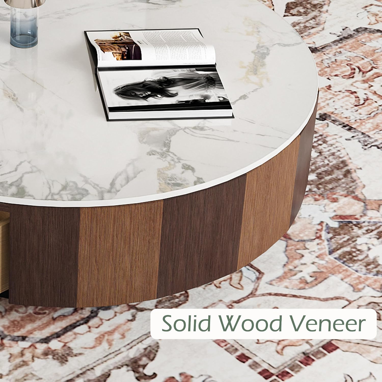 35.43' Modern Coffee Table for Living Room, Round Coffee Table with Storage Drawer, Sintered Stone Top with Metal Base, NO Assembly Living Room Table Tea Table for Home Office