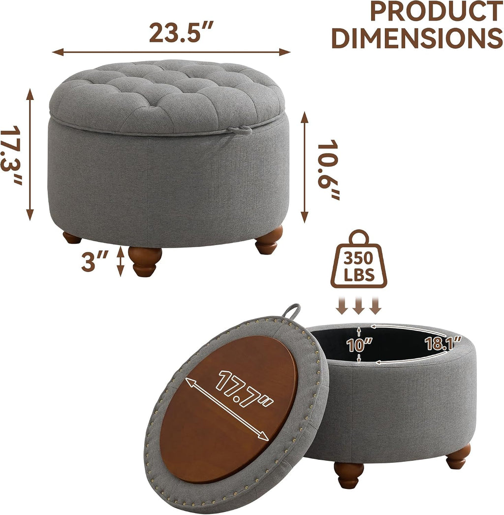 WUTUTUEE 24Inch Round Storage Ottoman with Tray, Modern Tufted Fabric Circle Coffee Table with Storage, Upholstered Ottoman with Removable Top for Living Room, Bedroom, Light Grey