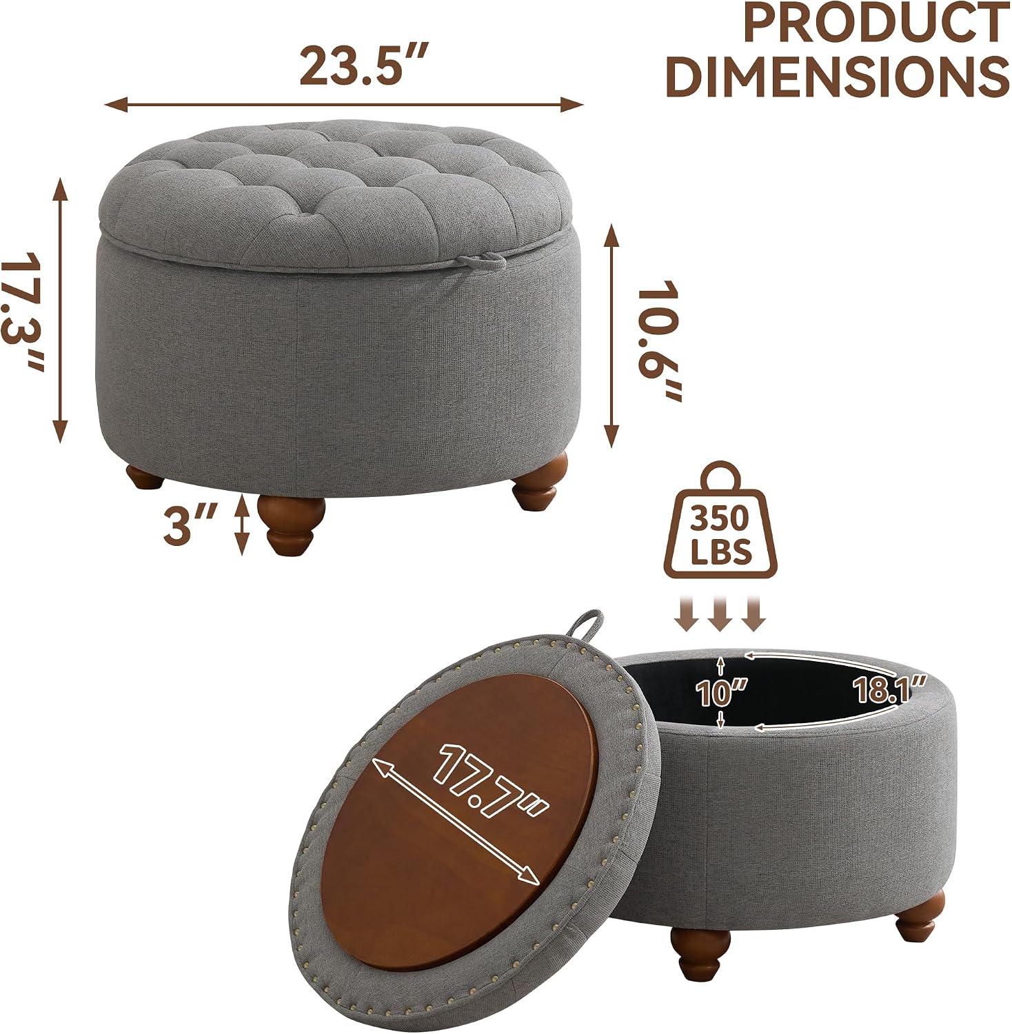 WUTUTUEE 24Inch Round Storage Ottoman with Tray, Modern Tufted Fabric Circle Coffee Table with Storage, Upholstered Ottoman with Removable Top for Living Room, Bedroom, Light Grey
