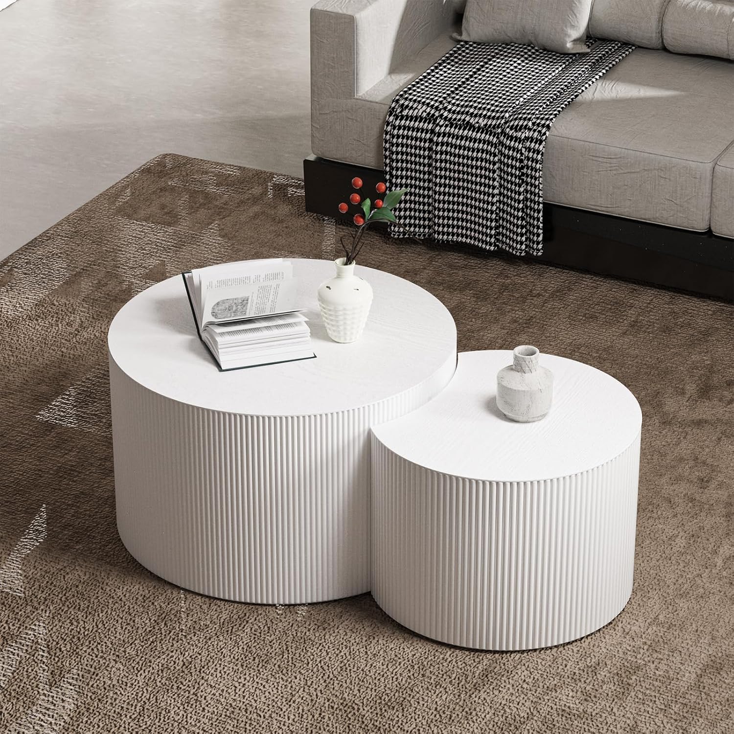 Round Coffee Table Set of 2 Modern Nesting Coffee Tables for Living Room Wave Stripe Round Coffee Table for Living Room Bedroom (B)