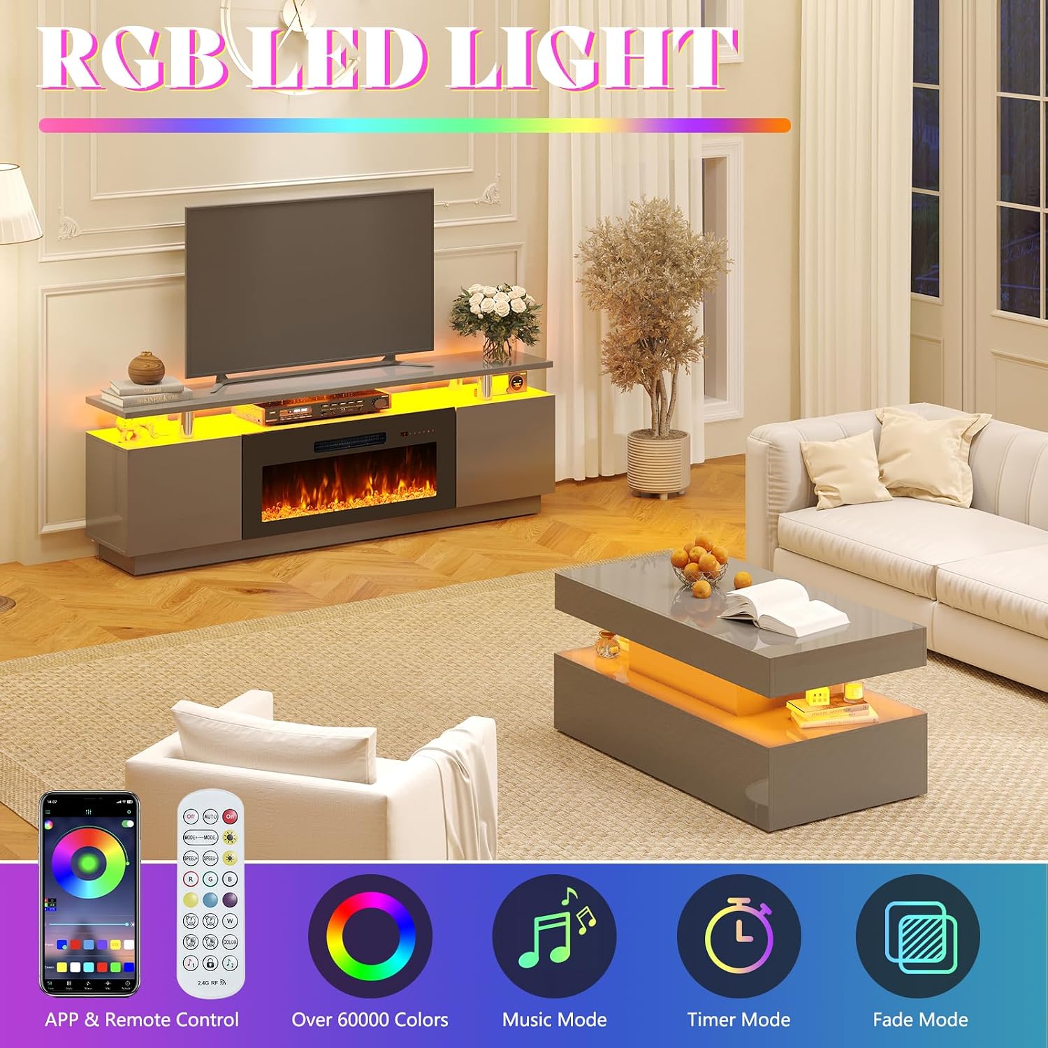 AMERLIFE 3 Piece Modern Living Room Table Set, Includes 70' High Gloss Fireplace TV Stand, 2-Tier Coffee Table, LED Lights Entertainment Center Set for Living Room, Grey