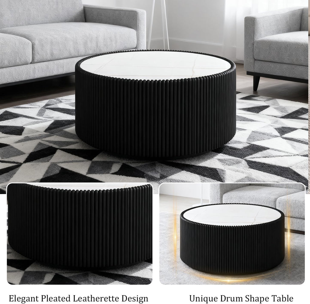 Modern Round Coffee Table Luxury Sintered Stone Top Coffee Table in Black Leatherette Creative Drum-Shape Cocktail Center Table for Living Room Bedroom,Fully Assembled