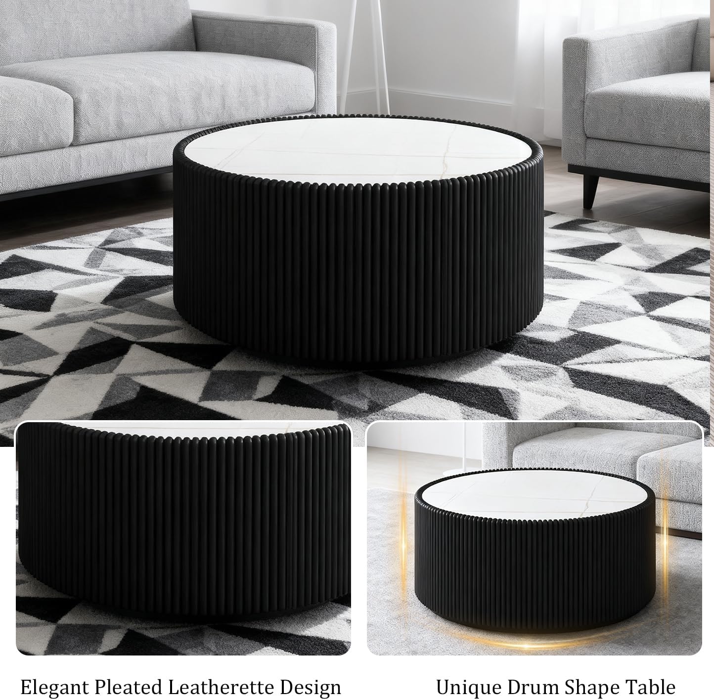 Modern Round Coffee Table Luxury Sintered Stone Top Coffee Table in Black Leatherette Creative Drum-Shape Cocktail Center Table for Living Room Bedroom,Fully Assembled