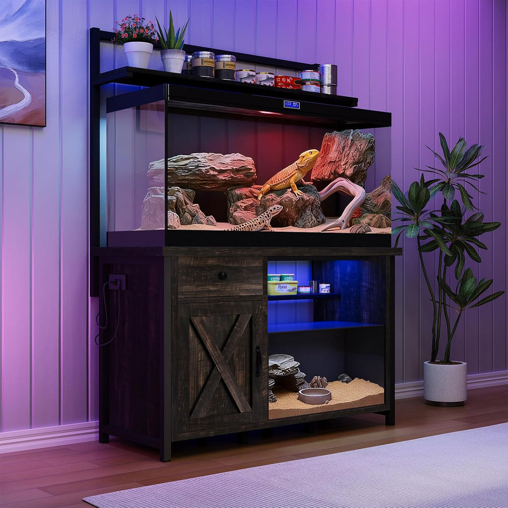 Reptile Tank Stand with Power Outlet, Terrarium Stand with Storage Cabinet, 49' X 20' Tabletop, Aquarium Stand with LED Lights, Reptile Terrarium,Turtle Tank (Oak)