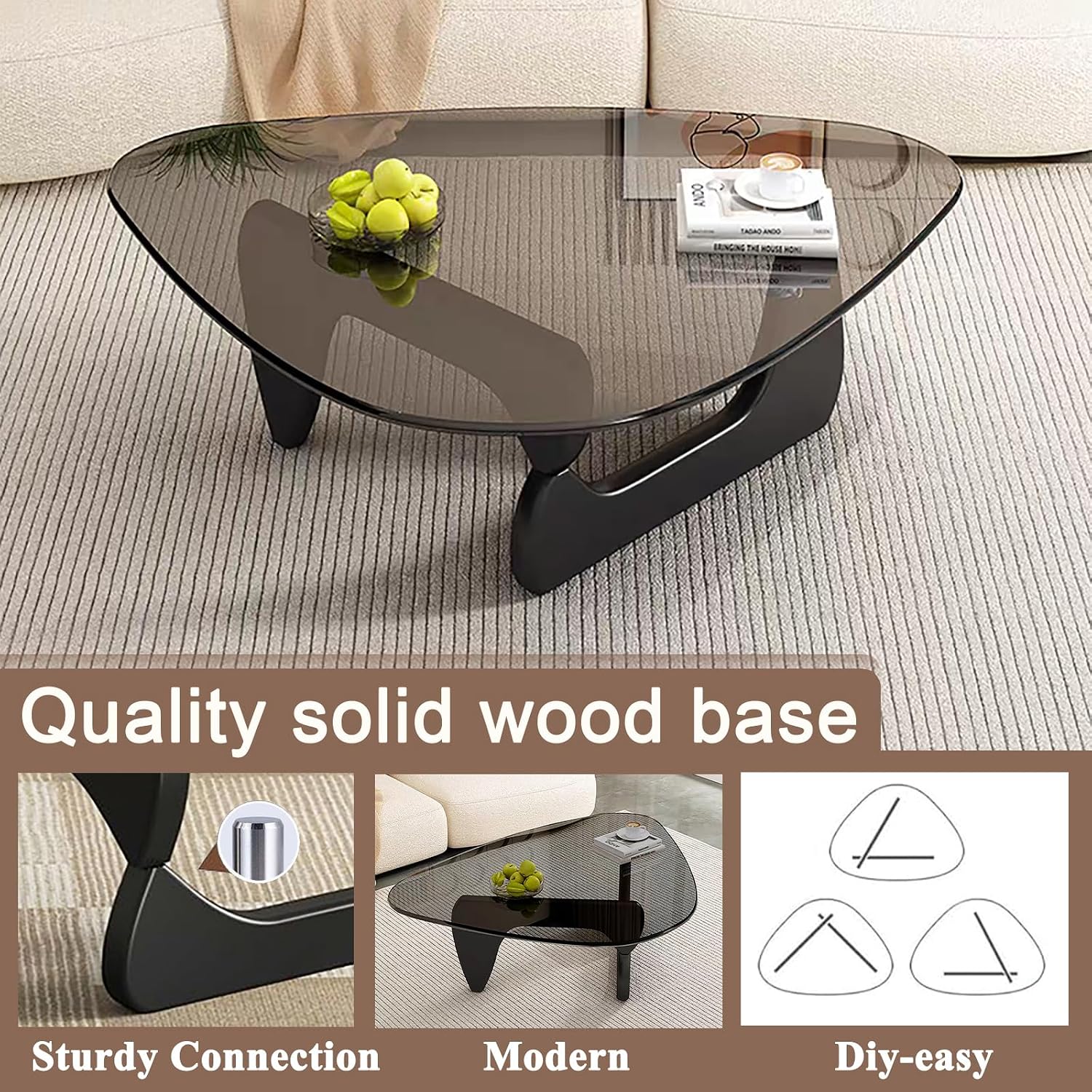 Glass Coffee Table, Mid Century Modern Coffee Table, Coffee Table for Living Room Center Table Suitable for Bedroom Living Room Reception Office Tables (Black/Grey, Large)