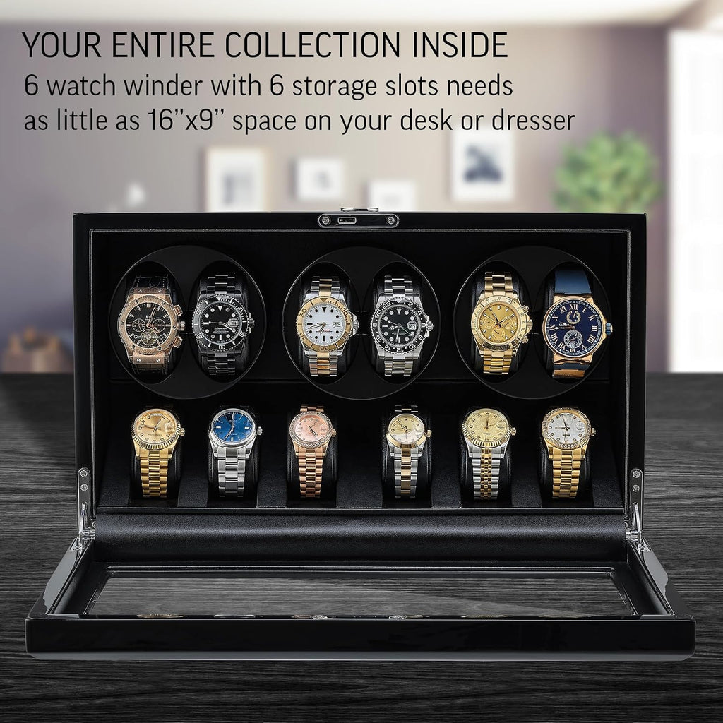 TIMECUBE Watch Winder with 6 Storage Slots, LED Light and Automatic Motor-Stop Option