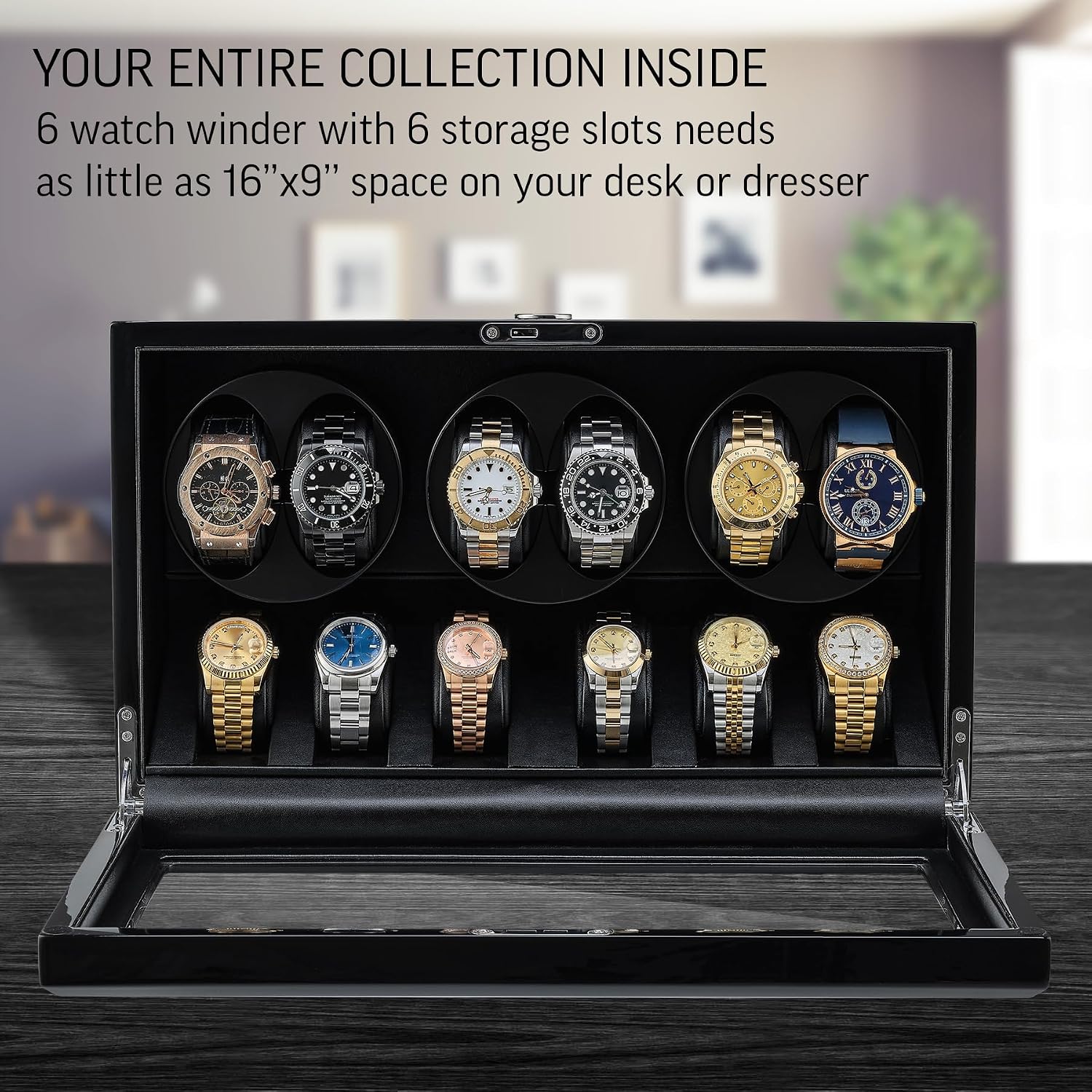TIMECUBE Watch Winder with 6 Storage Slots, LED Light and Automatic Motor-Stop Option