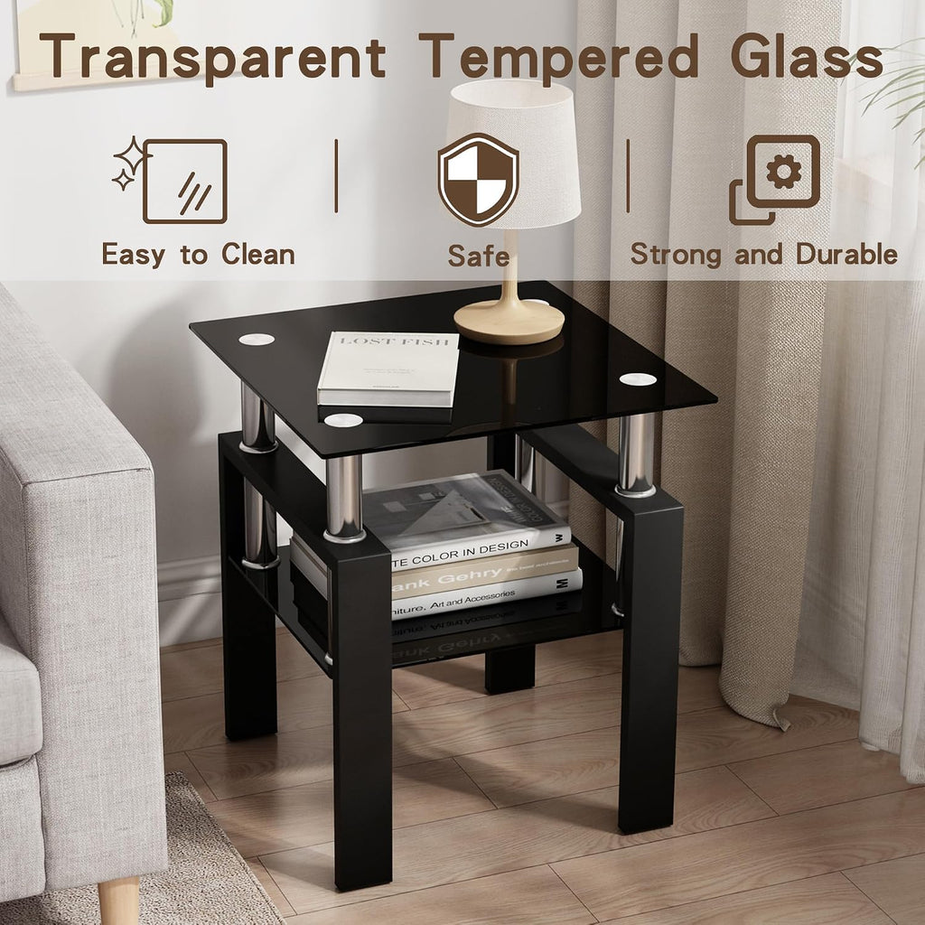 Glass Coffee Table Set of 3, 3-Piece Living Room Tables with Tempered Glass and Metal Frame, Coffee and End Table Sets, Black